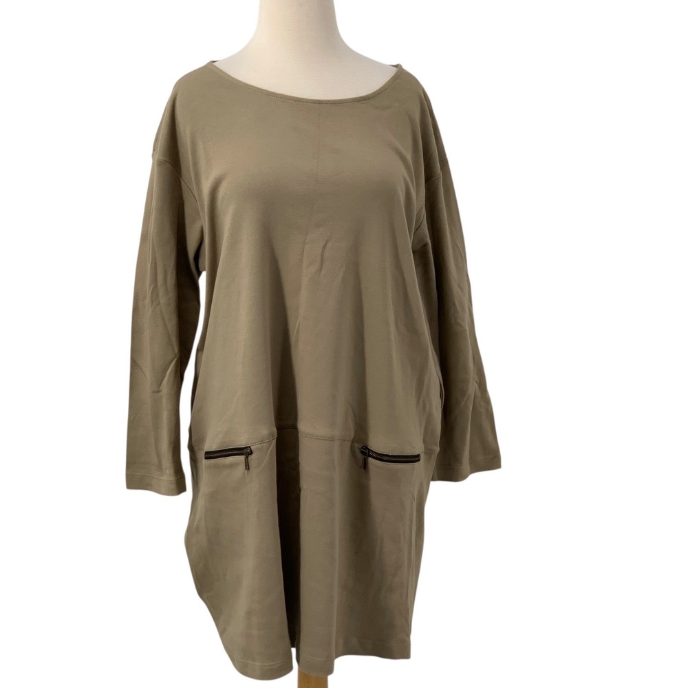 Soft‎ Surroundings 3/4 Sleeve Boat Neck Brown Tunic Dress Faux Zip Pockets Sz 1X
